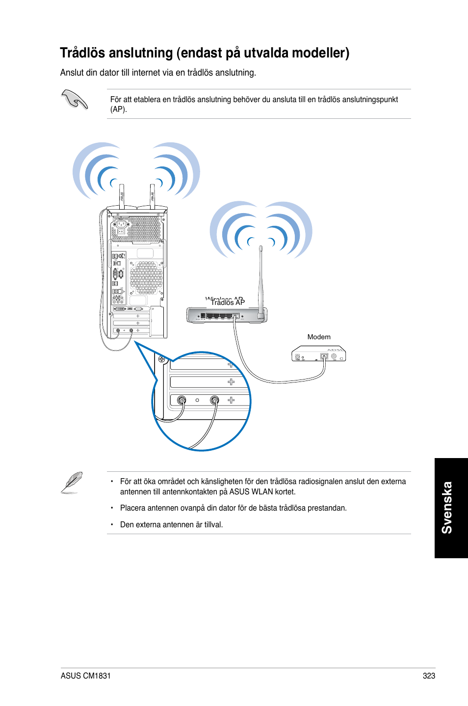 Trådlös anslutning (endast på utvalda modeller), Trådlös.anslutning.�endast.på.utvalda.modeller, Svenska | Asus CM1831 User Manual | Page 325 / 352