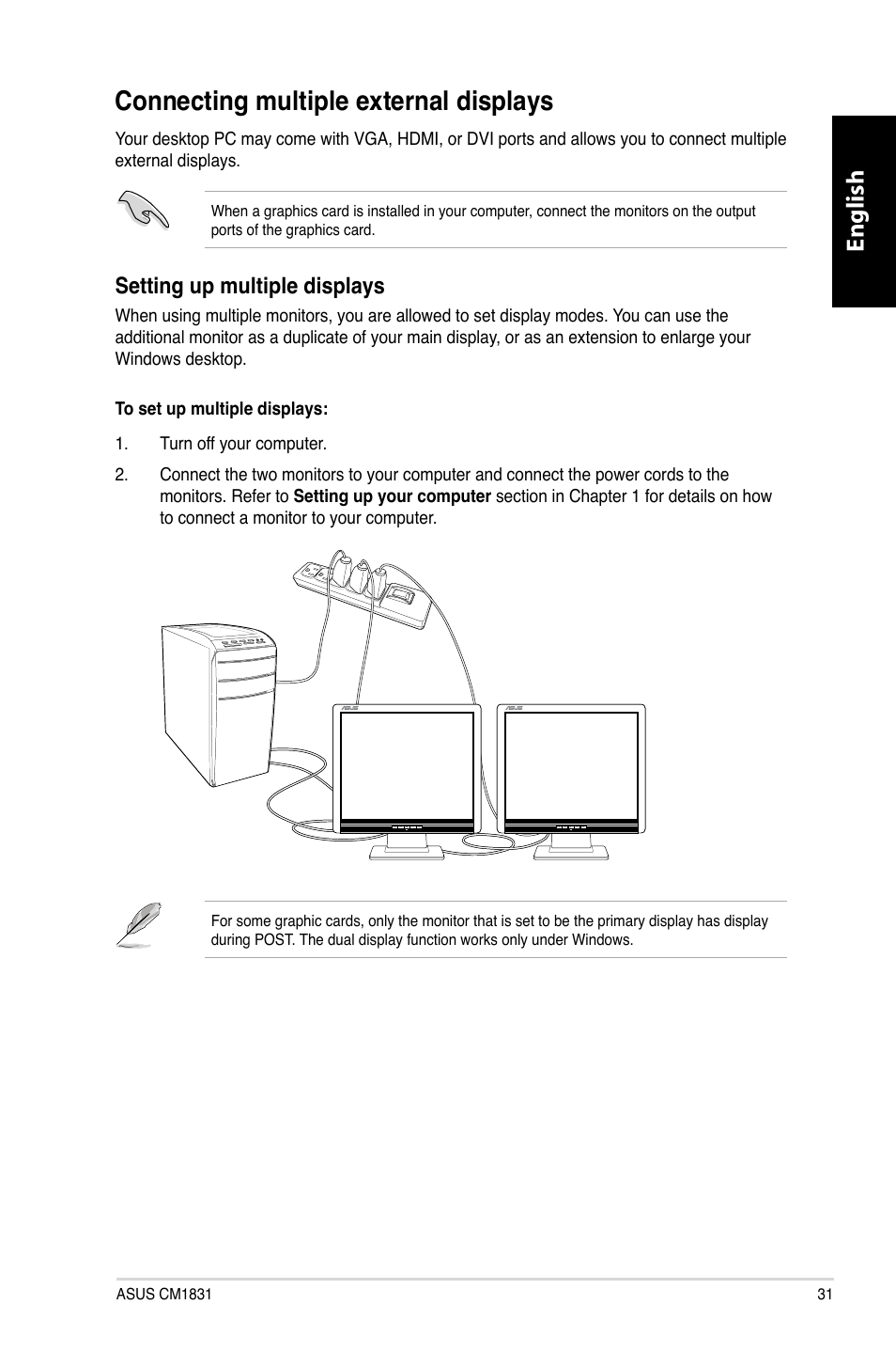 Connecting multiple external displays, Connecting.multiple.external.displays, English | Setting.up.multiple.displays | Asus CM1831 User Manual | Page 33 / 352