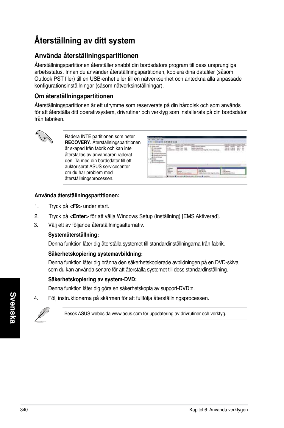 Återställning av ditt system, Återställning.av.ditt.system, Svenska | Använda.återställningspartitionen | Asus CM1831 User Manual | Page 342 / 352