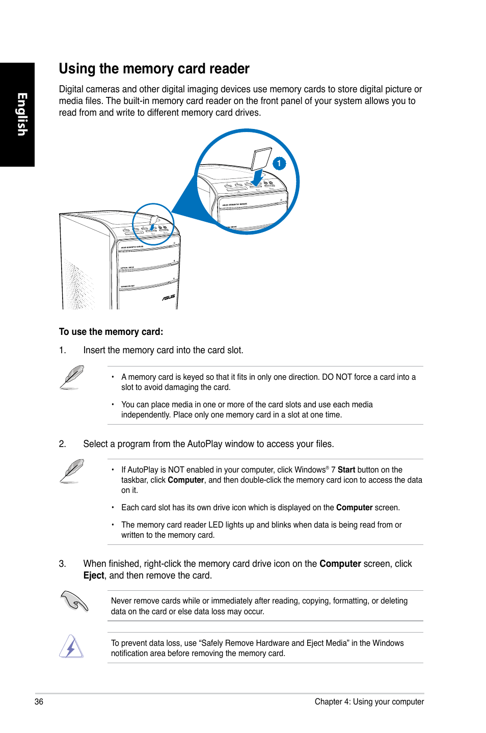 Using the memory card reader, English | Asus CM1831 User Manual | Page 38 / 352