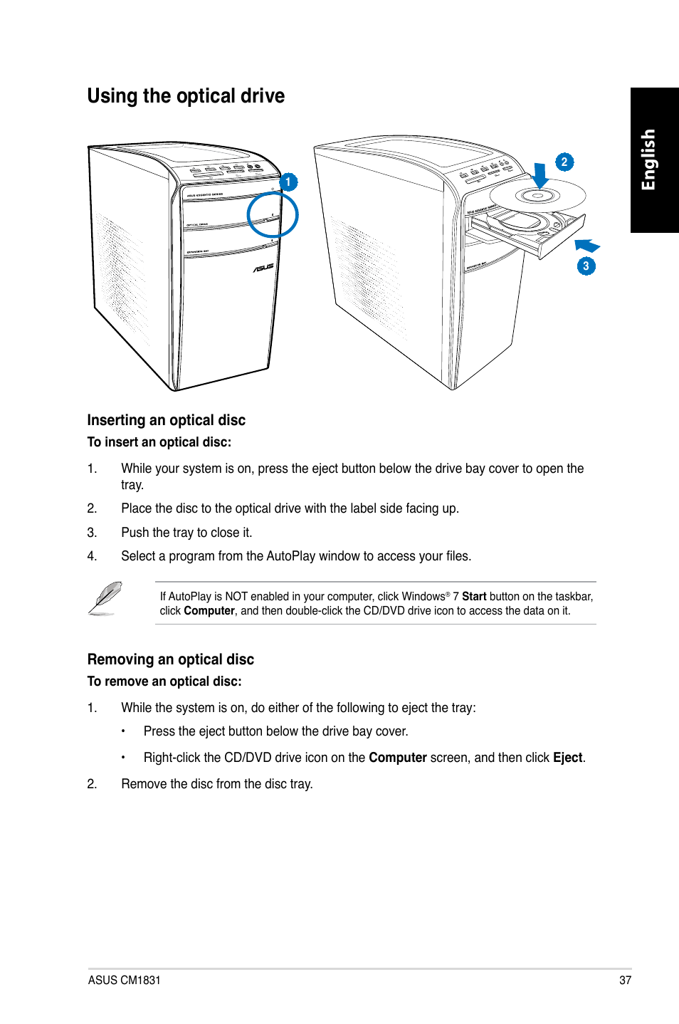 Using the optical drive, Using.the.optical.drive, English | Asus CM1831 User Manual | Page 39 / 352