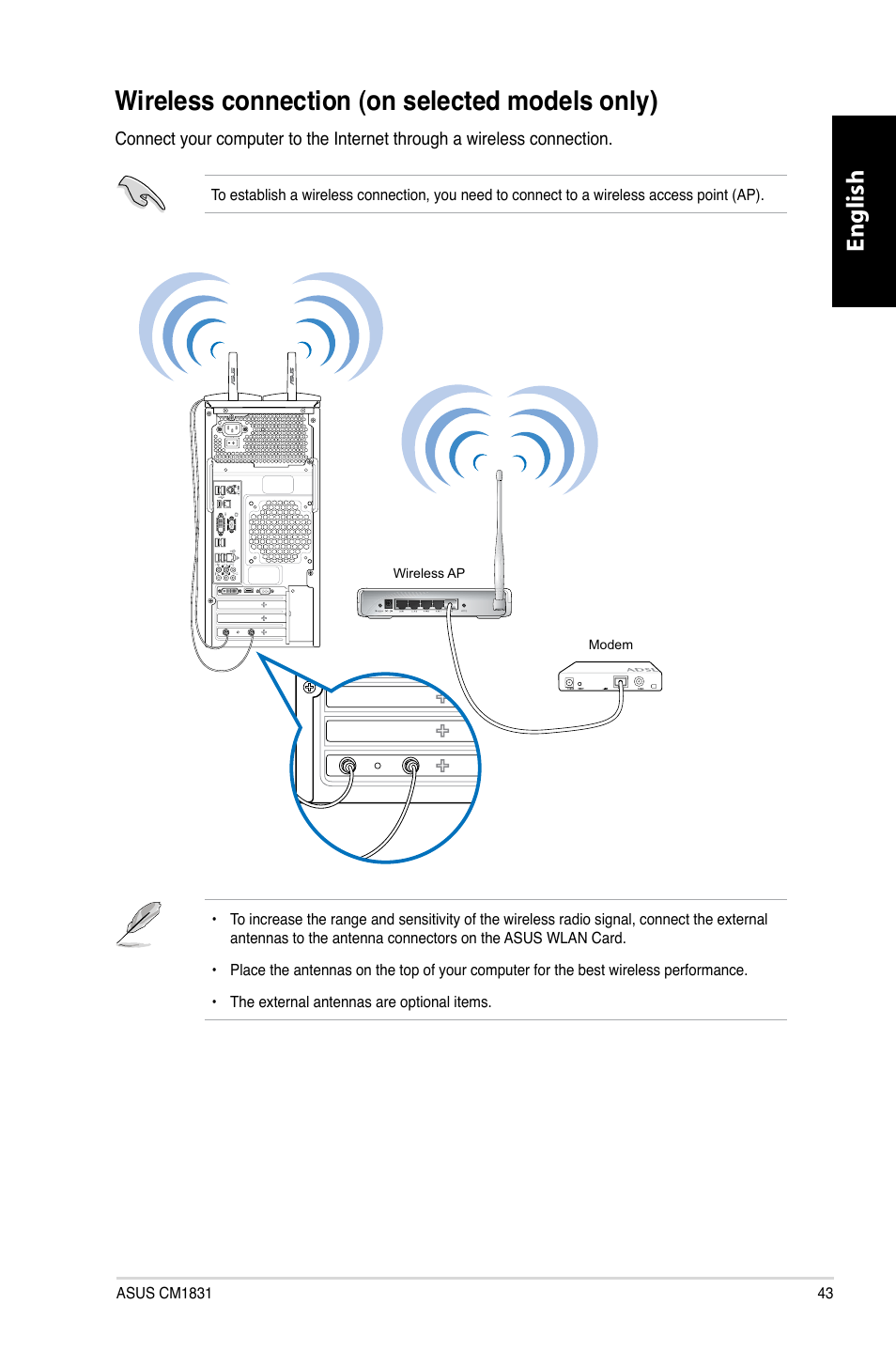 Wireless connection (on selected models only), Wireless.connection.�on.selected.models.only, English | Asus CM1831 User Manual | Page 45 / 352