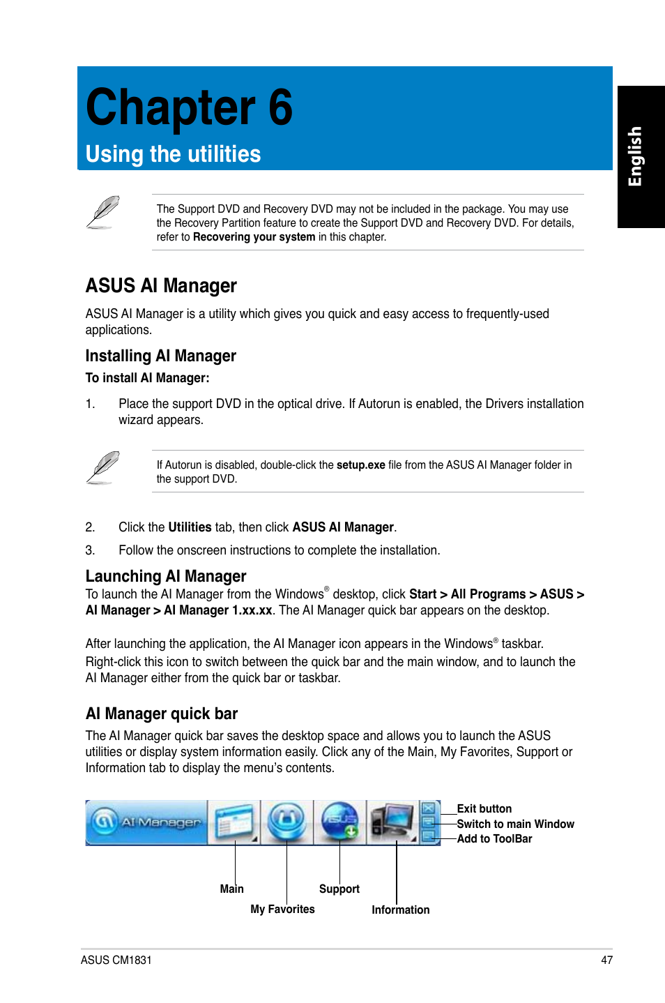 Chapter 6: using the utilities, Asus ai manager, Using.the.utilities | Chapter.6, Asus.ai.manager, English, Installing.ai.manager, Launching.ai.manager, Ai.manager.quick.bar | Asus CM1831 User Manual | Page 49 / 352