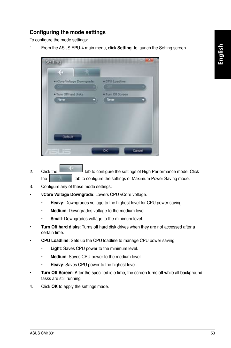 English, Configuring the mode settings | Asus CM1831 User Manual | Page 55 / 352