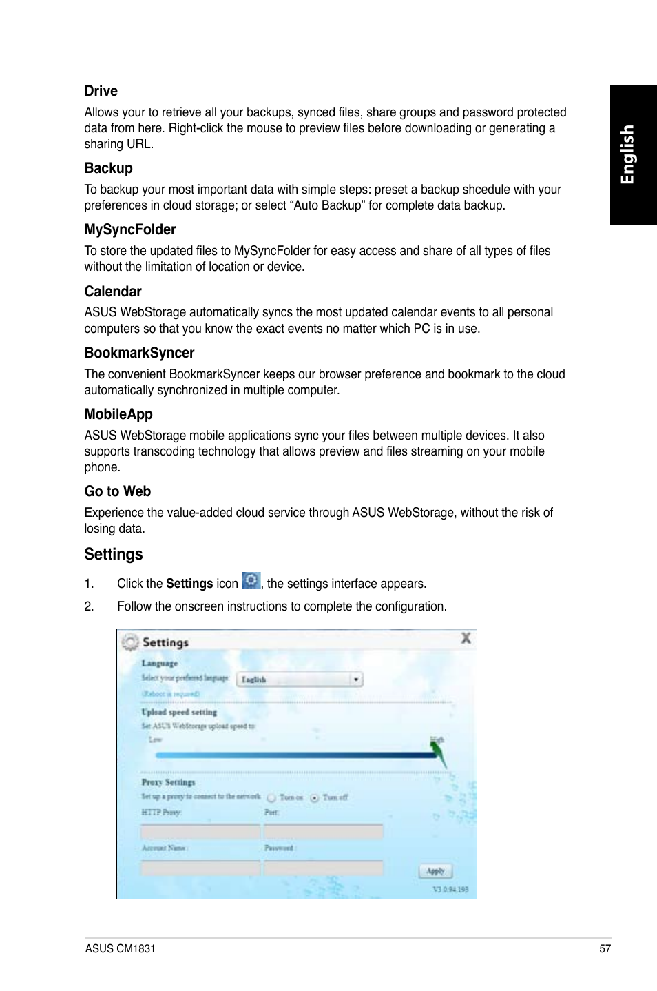 English, Settings | Asus CM1831 User Manual | Page 59 / 352