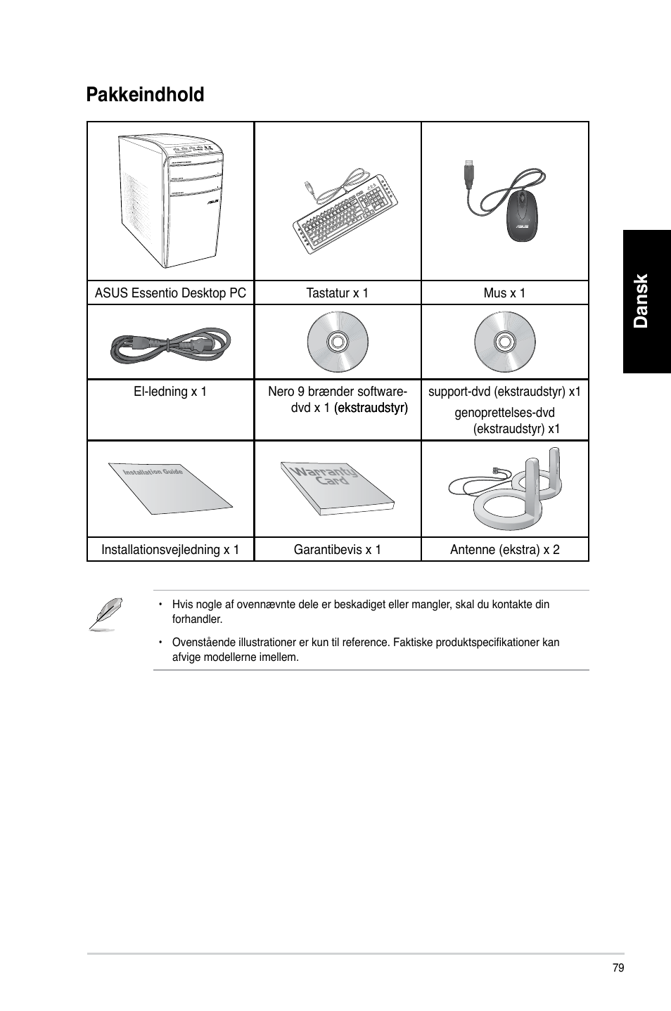 Pakkeindhold, Dansk | Asus CM1831 User Manual | Page 81 / 352