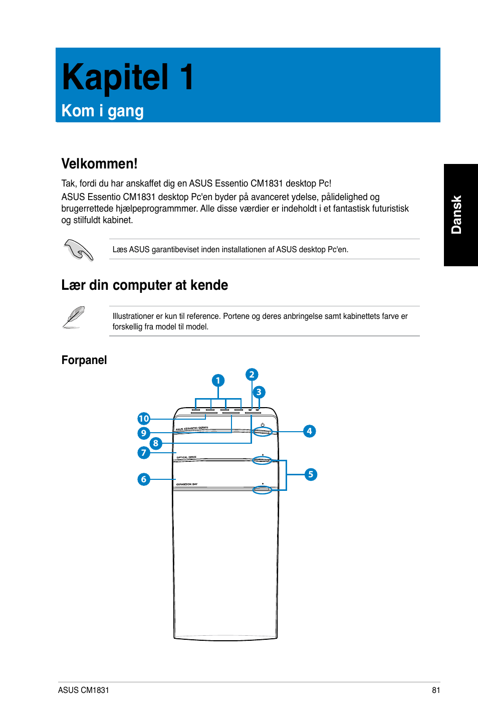 Kapitel 1, Kom i gang, Velkommen | Lær din computer at kende, Kapitel.1, Kom.i.gang, Velkommen! lær din computer at kende, Elkommen, Dansk | Asus CM1831 User Manual | Page 83 / 352