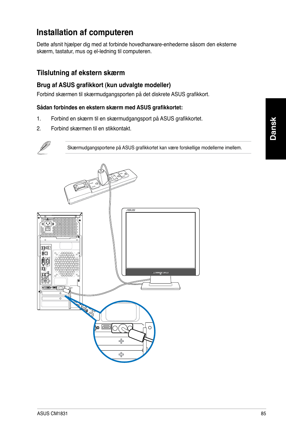 Installation af computeren, Dansk | Asus CM1831 User Manual | Page 87 / 352