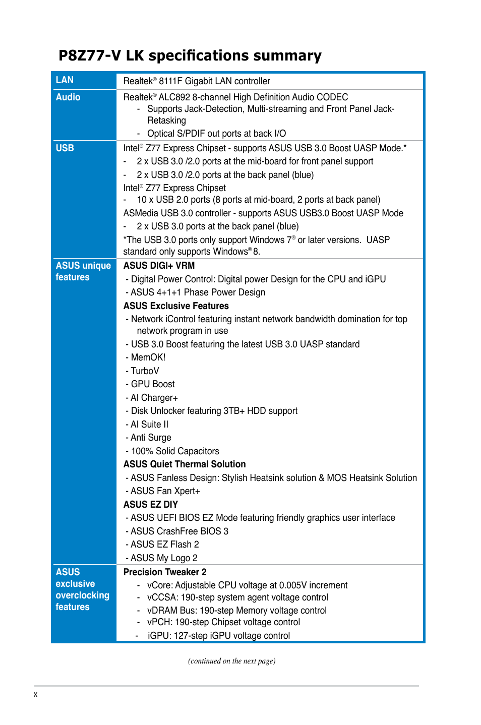 P8z77-v lk specifications summary | Asus P8Z77-V LK User Manual | Page 10 / 150