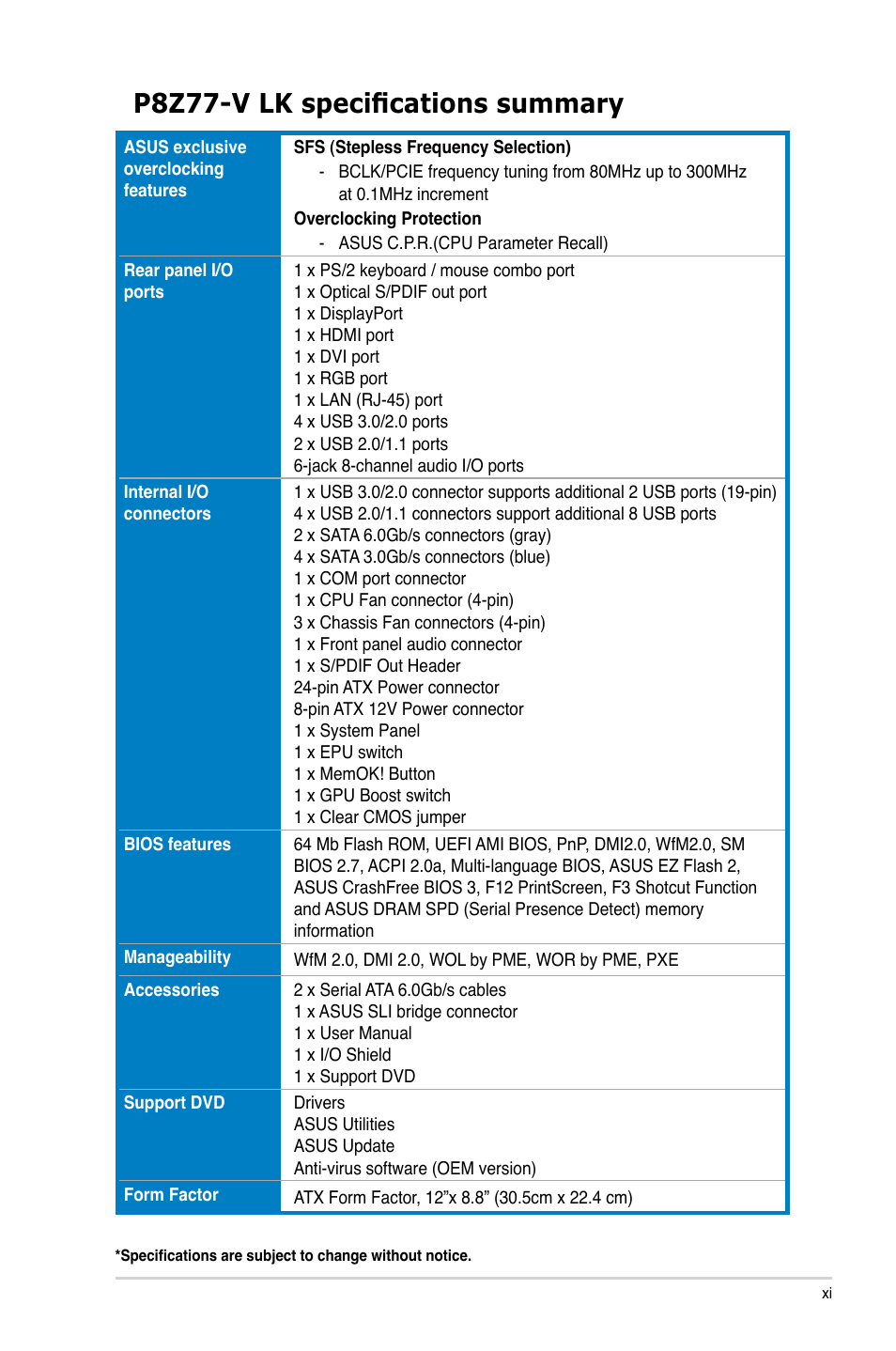 P8z77-v lk specifications summary | Asus P8Z77-V LK User Manual | Page 11 / 150