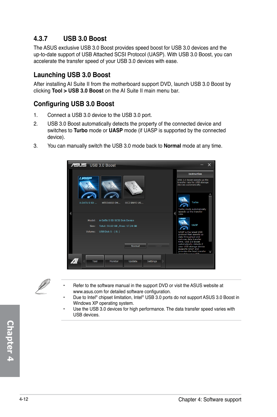 Chapter 4, 7 usb 3.0 boost, Launching usb 3.0 boost | Configuring usb 3.0 boost | Asus P8Z77-V LK User Manual | Page 114 / 150