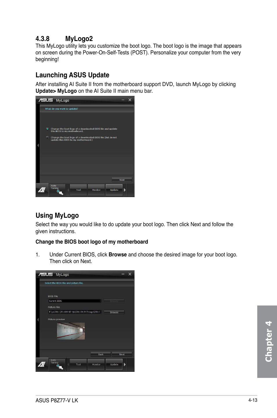 Chapter 4, 8 mylogo2, Launching asus update | Using mylogo | Asus P8Z77-V LK User Manual | Page 115 / 150