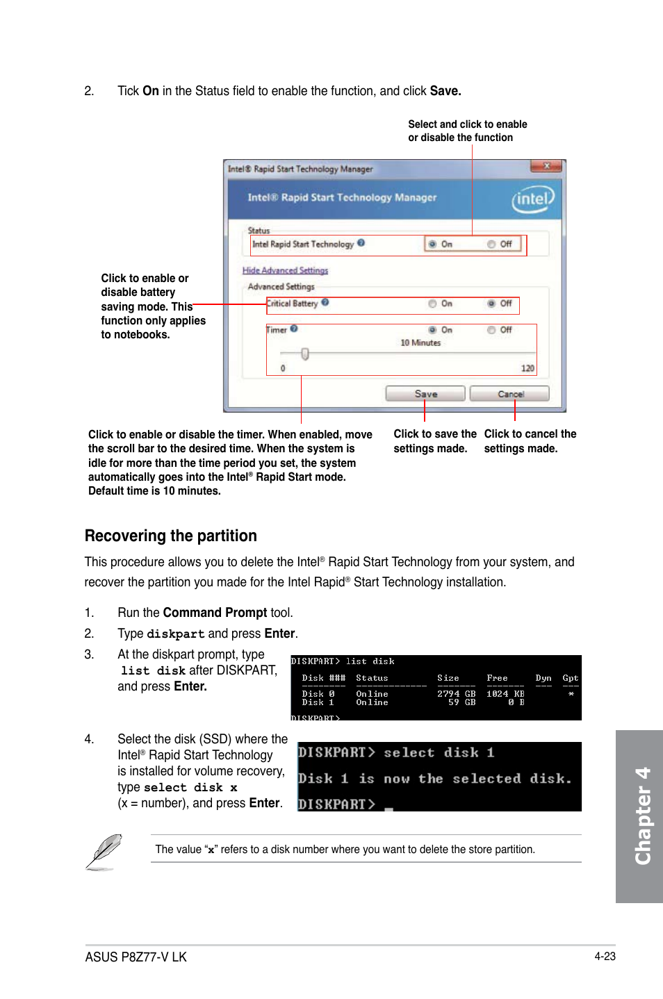 Chapter 4, Recovering the partition | Asus P8Z77-V LK User Manual | Page 125 / 150