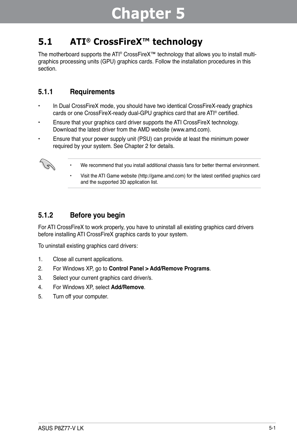 Chapter 5, 1 ati, Crossfirex™ technology | 1 requirements, 2 before you begin | Asus P8Z77-V LK User Manual | Page 139 / 150