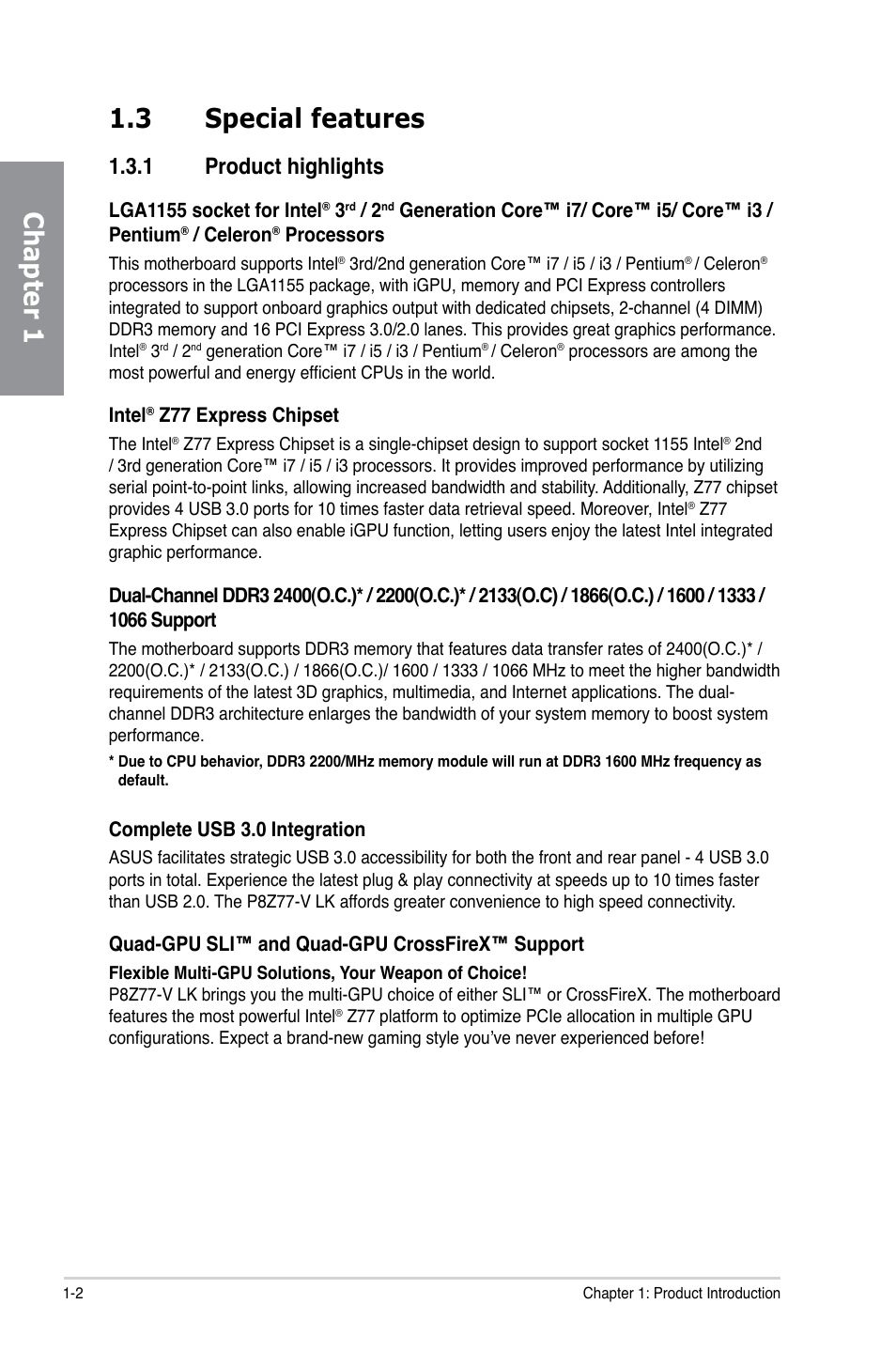 Chapter 1 1.3 special features, 1 product highlights | Asus P8Z77-V LK User Manual | Page 14 / 150
