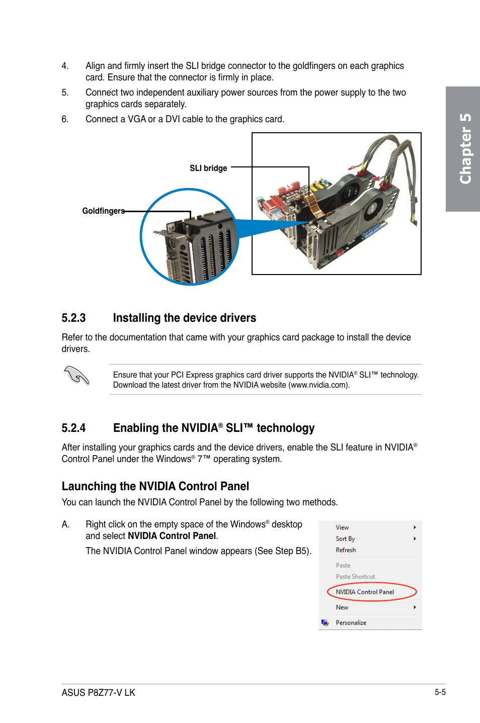 Chapter 5, 3 installing the device drivers, 4 enabling the nvidia | Sli™ technology, Launching the nvidia control panel | Asus P8Z77-V LK User Manual | Page 143 / 150