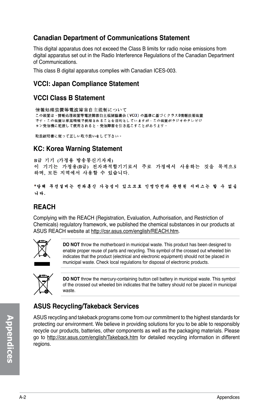 Appendices, Reach, Asus recycling/takeback services | Asus P8Z77-V LK User Manual | Page 148 / 150