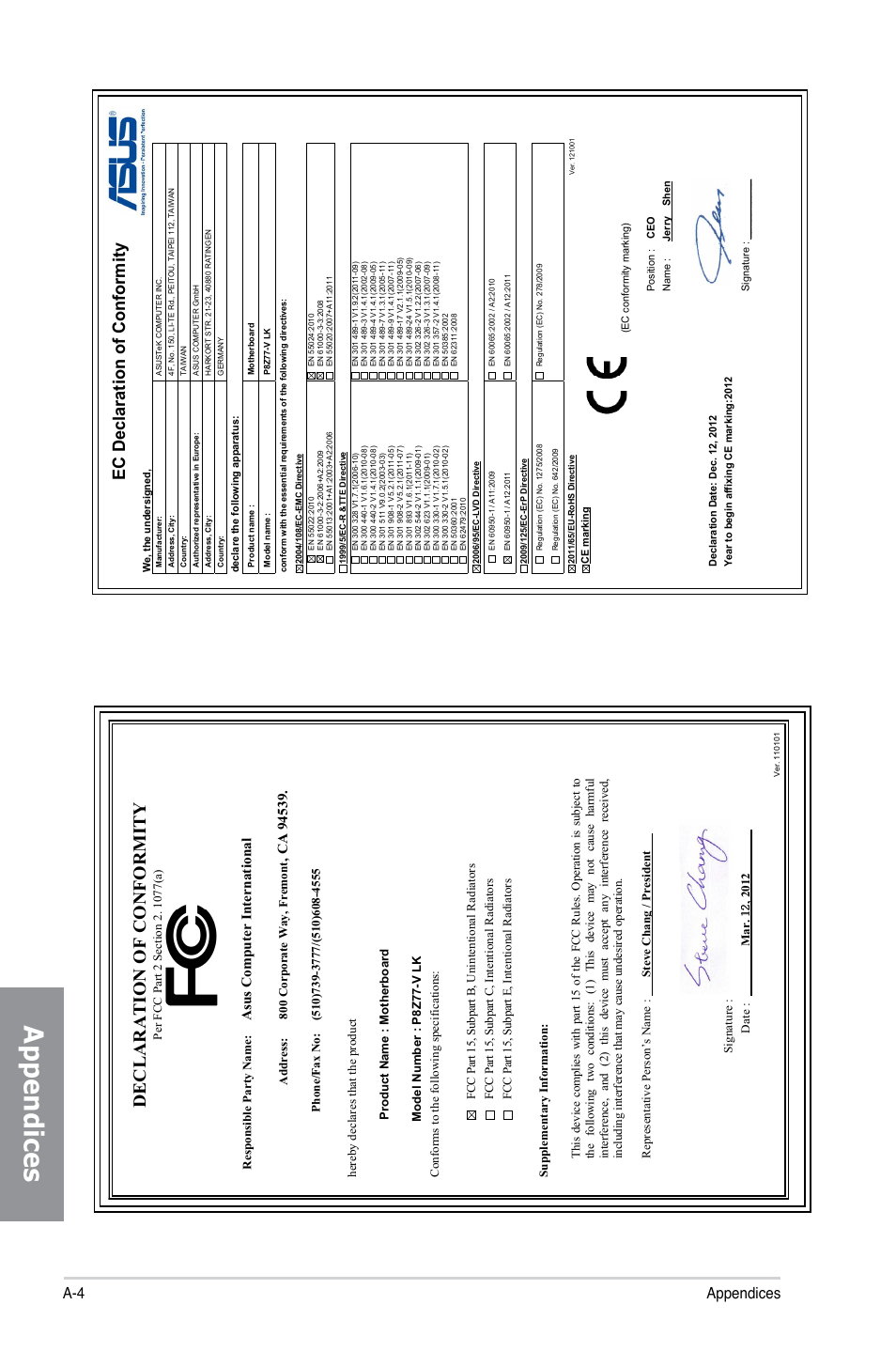 Appendices, Declaration of conformity, Ec declaration of conformity | A-4 appendices, Asu s c om pu te r in te rn at io na l | Asus P8Z77-V LK User Manual | Page 150 / 150