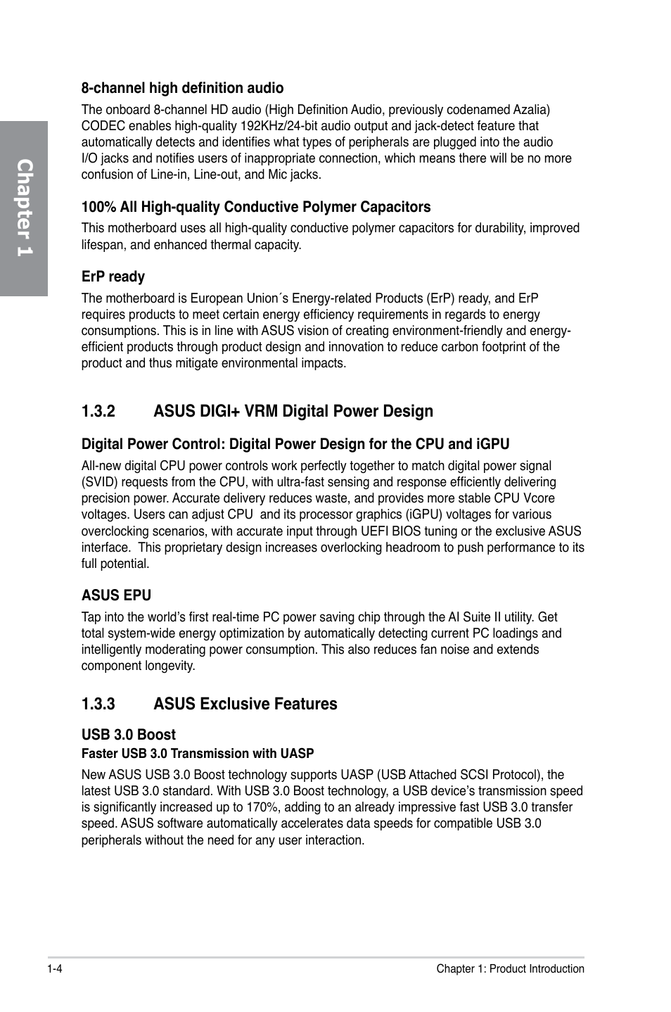 Chapter 1, 2 asus digi+ vrm digital power design, 3 asus exclusive features | Asus P8Z77-V LK User Manual | Page 16 / 150