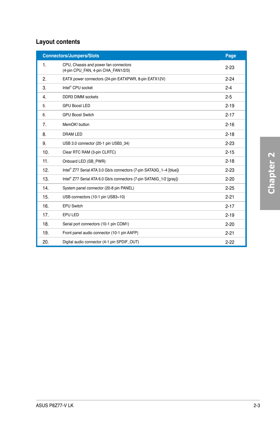 Chapter 2, Layout contents | Asus P8Z77-V LK User Manual | Page 23 / 150