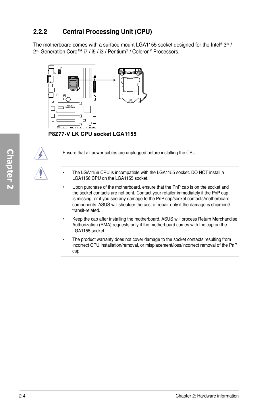 Chapter 2, 2 central processing unit (cpu) | Asus P8Z77-V LK User Manual | Page 24 / 150