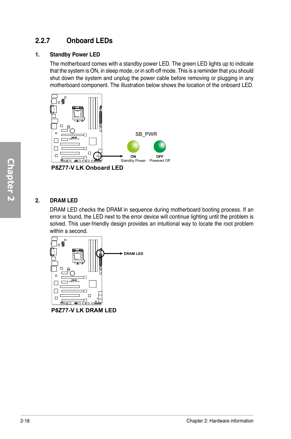 Chapter 2, 7 onboard leds | Asus P8Z77-V LK User Manual | Page 38 / 150