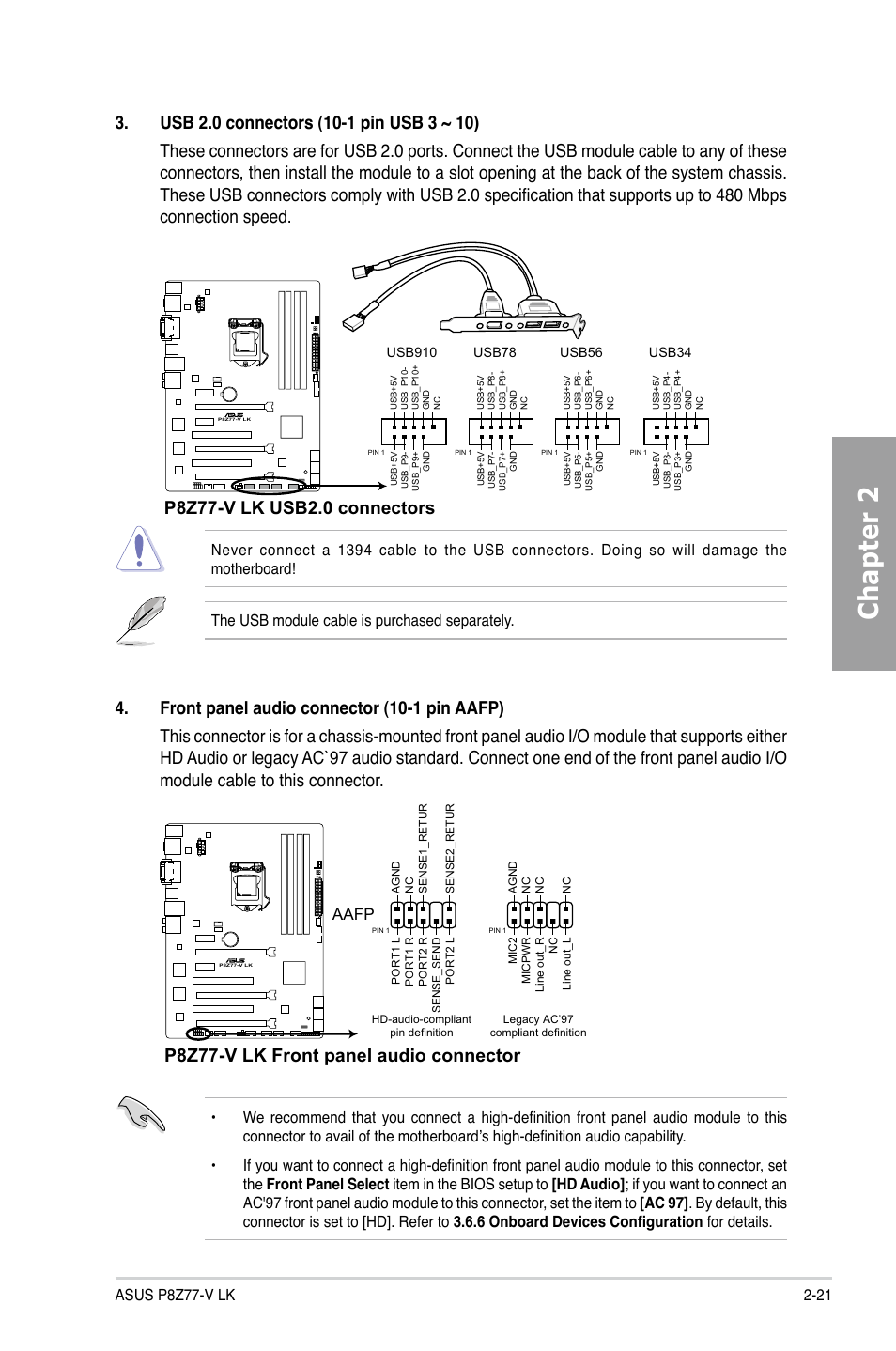 Chapter 2, P8z77-v lk front panel audio connector, Aafp | Asus P8Z77-V LK User Manual | Page 41 / 150