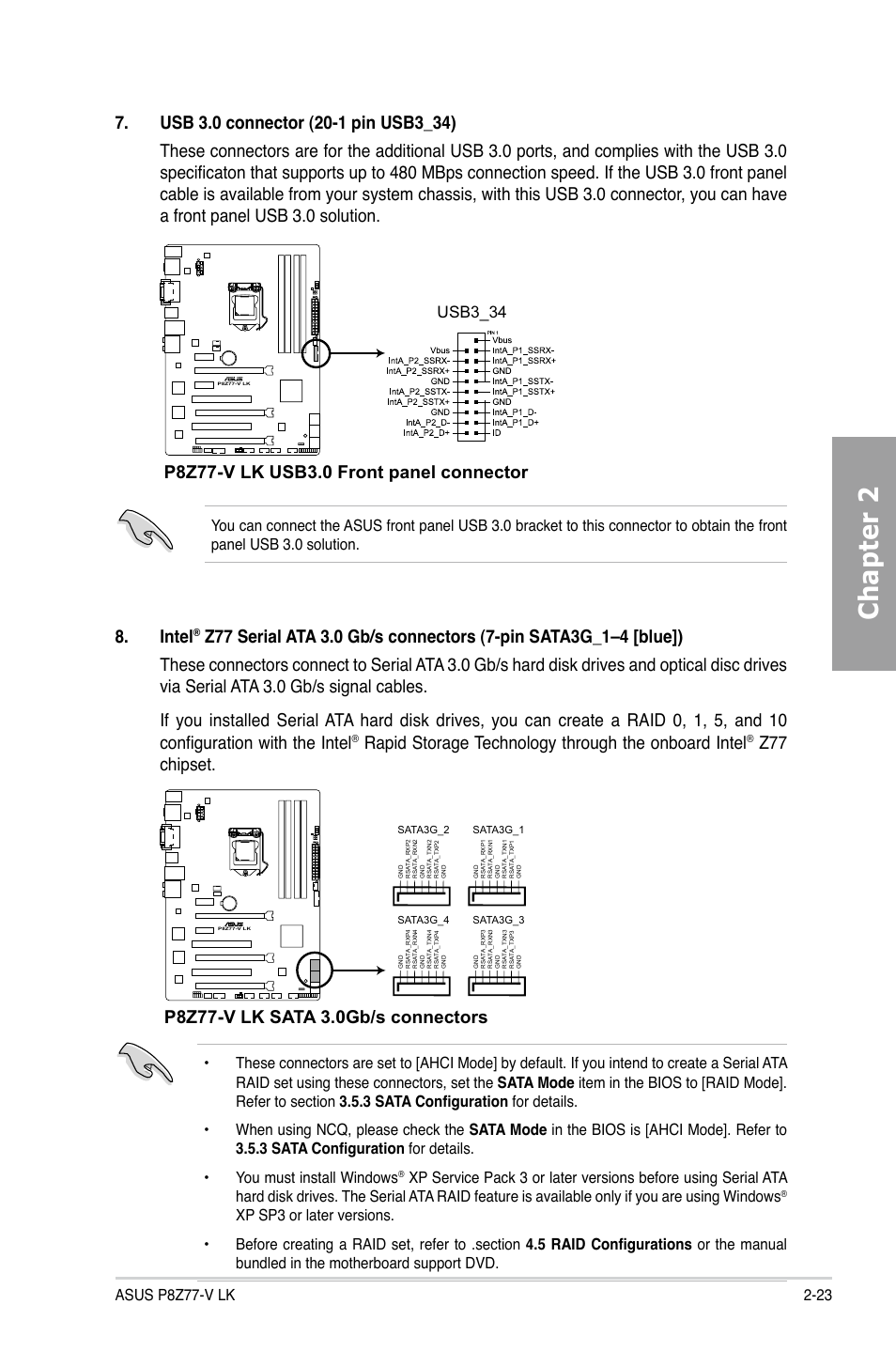 Chapter 2, Intel, Rapid storage technology through the onboard intel | Z77 chipset, Usb3_34 | Asus P8Z77-V LK User Manual | Page 43 / 150