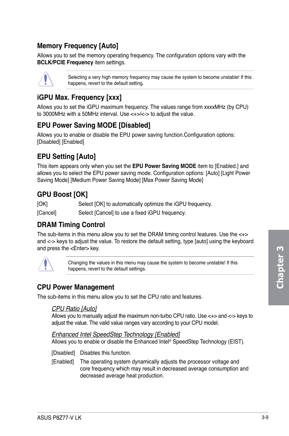 Chapter 3, Igpu max. frequency [xxx, Epu power saving mode [disabled | Epu setting [auto, Gpu boost [ok, Dram timing control, Cpu power management | Asus P8Z77-V LK User Manual | Page 71 / 150