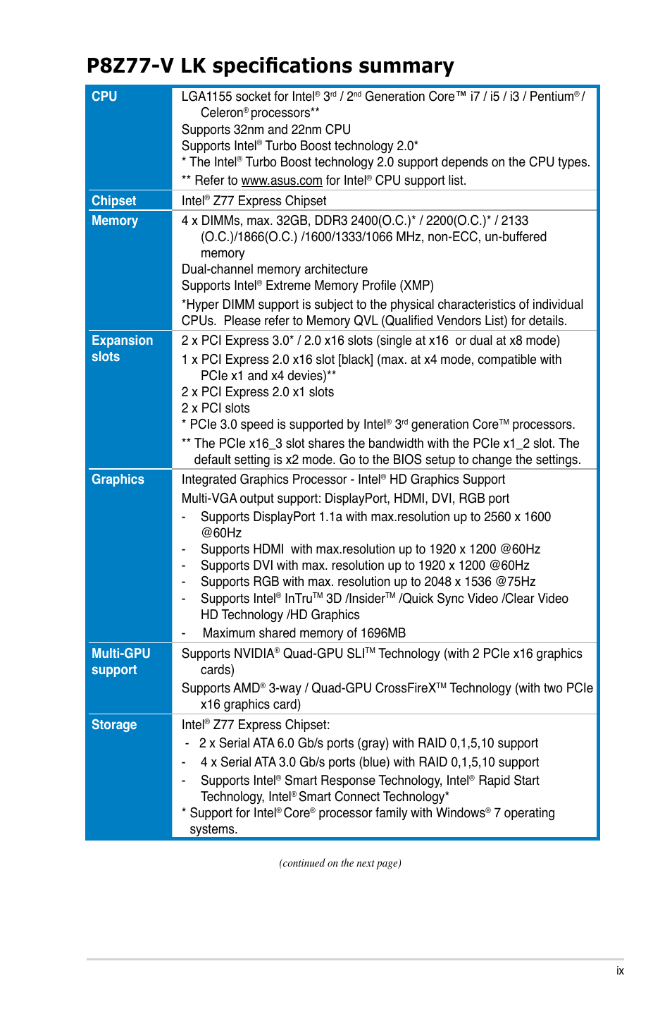 P8z77-v lk specifications summary | Asus P8Z77-V LK User Manual | Page 9 / 150