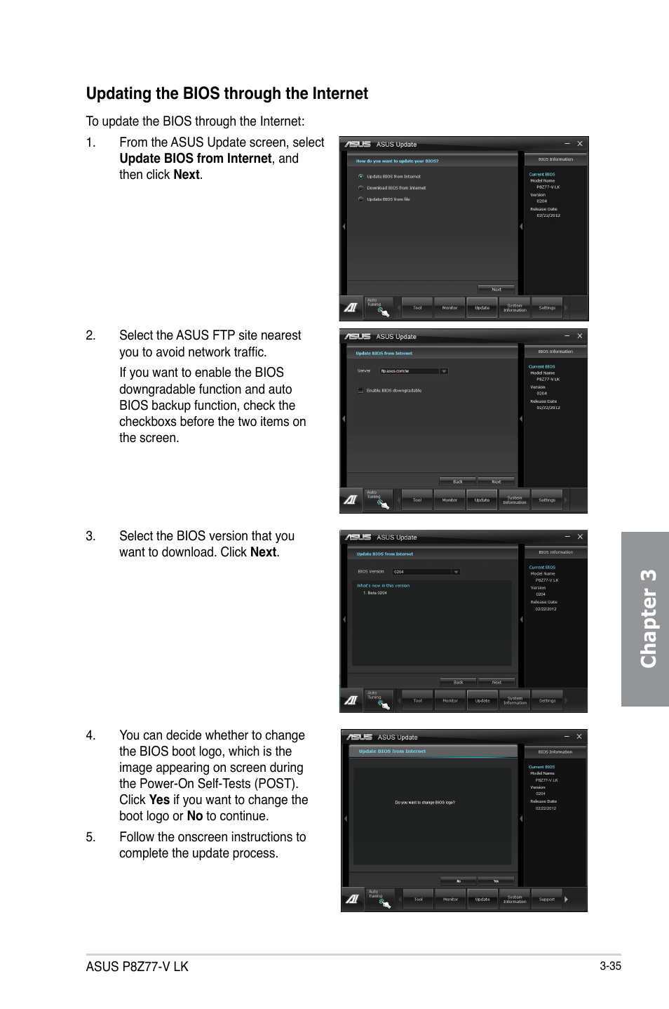 Chapter 3, Updating the bios through the internet | Asus P8Z77-V LK User Manual | Page 97 / 150