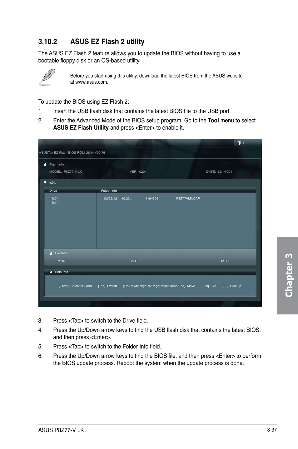 Chapter 3, 2 asus ez flash 2 utility, Asus p8z77-v lk | Asus P8Z77-V LK User Manual | Page 99 / 150