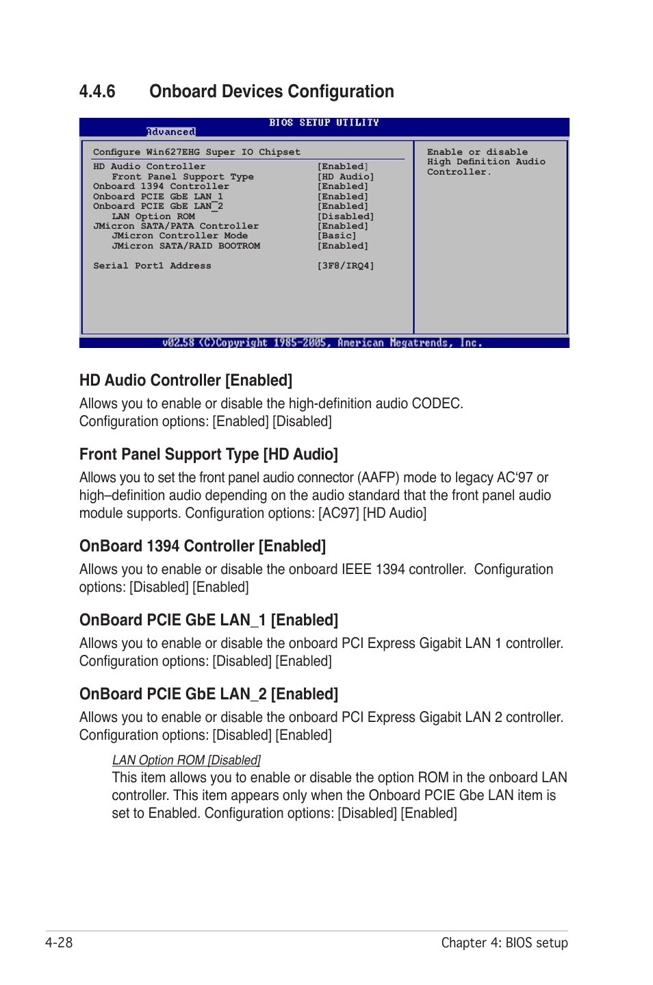 6 onboard devices configuration, Hd audio controller [enabled, Front panel support type [hd audio | Onboard 1394 controller [enabled, Onboard pcie gbe lan_1 [enabled, Onboard pcie gbe lan_2 [enabled | Asus P5W DH Deluxe User Manual | Page 106 / 212