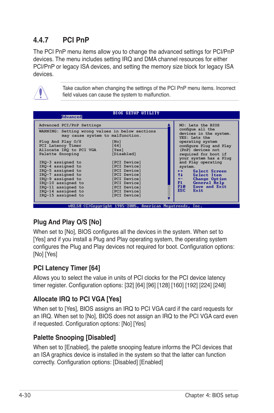 7 pci pnp, Plug and play o/s [no, Pci latency timer [64 | Allocate irq to pci vga [yes, Palette snooping [disabled | Asus P5W DH Deluxe User Manual | Page 108 / 212