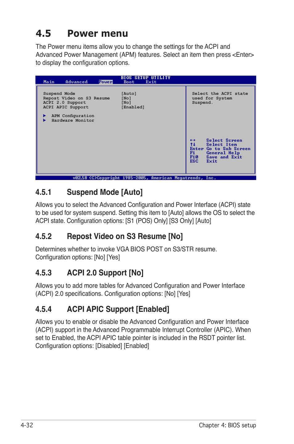 5 power menu, 1 suspend mode [auto, 2 repost video on s3 resume [no | 3 acpi 2.0 support [no, 4 acpi apic support [enabled | Asus P5W DH Deluxe User Manual | Page 110 / 212