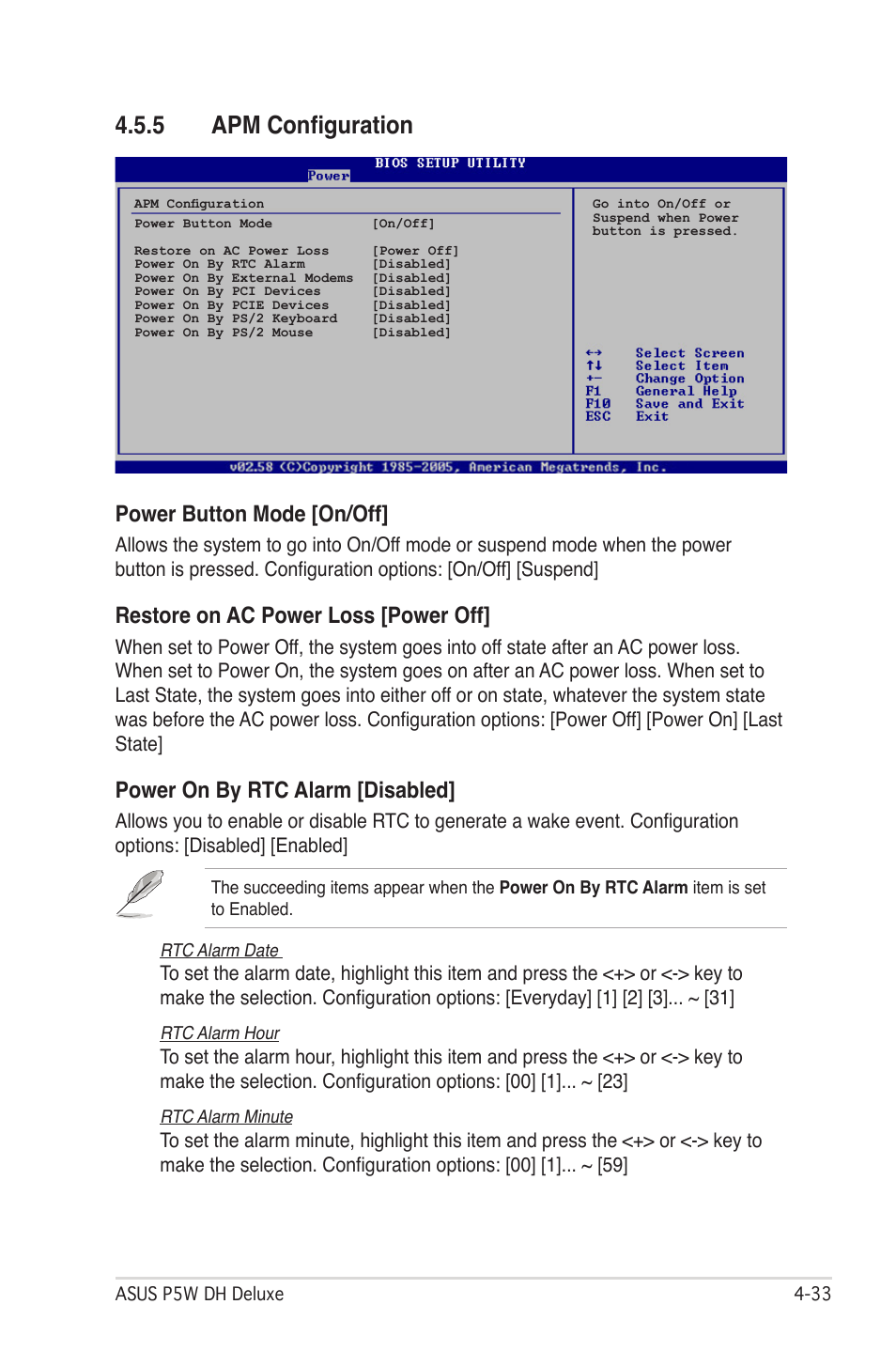 5 apm configuration, Power button mode [on/off, Restore on ac power loss [power off | Power on by rtc alarm [disabled | Asus P5W DH Deluxe User Manual | Page 111 / 212