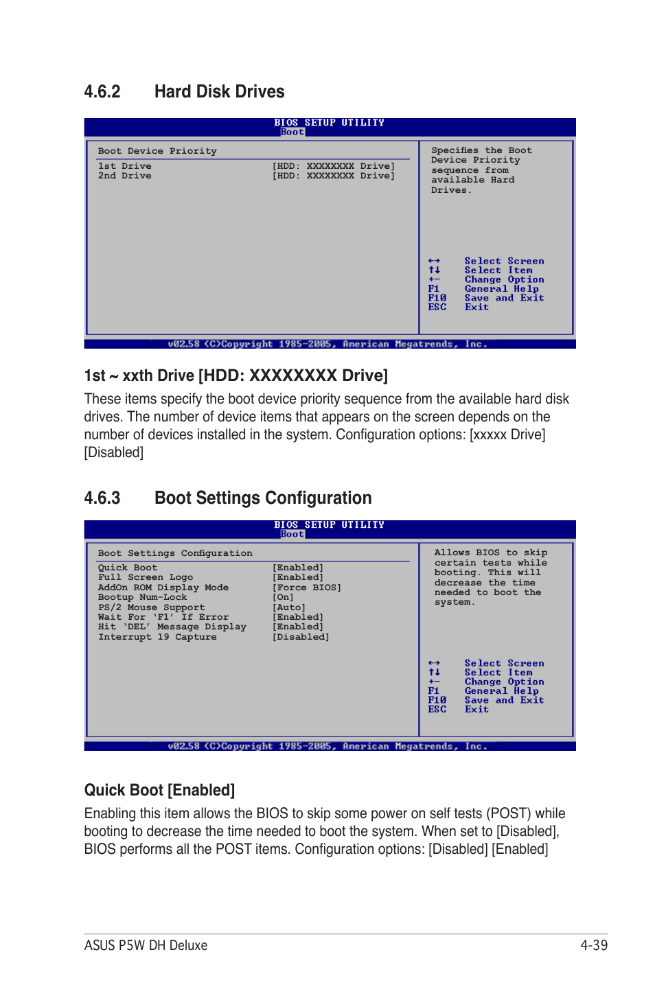 2 hard disk drives, 3 boot settings configuration, Quick boot [enabled | Asus P5W DH Deluxe User Manual | Page 117 / 212
