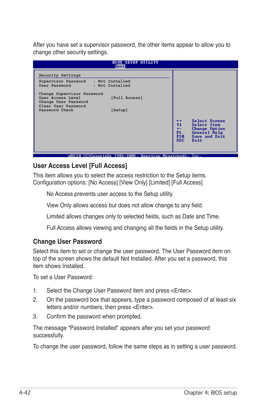 User access level [full access, Change user password | Asus P5W DH Deluxe User Manual | Page 120 / 212