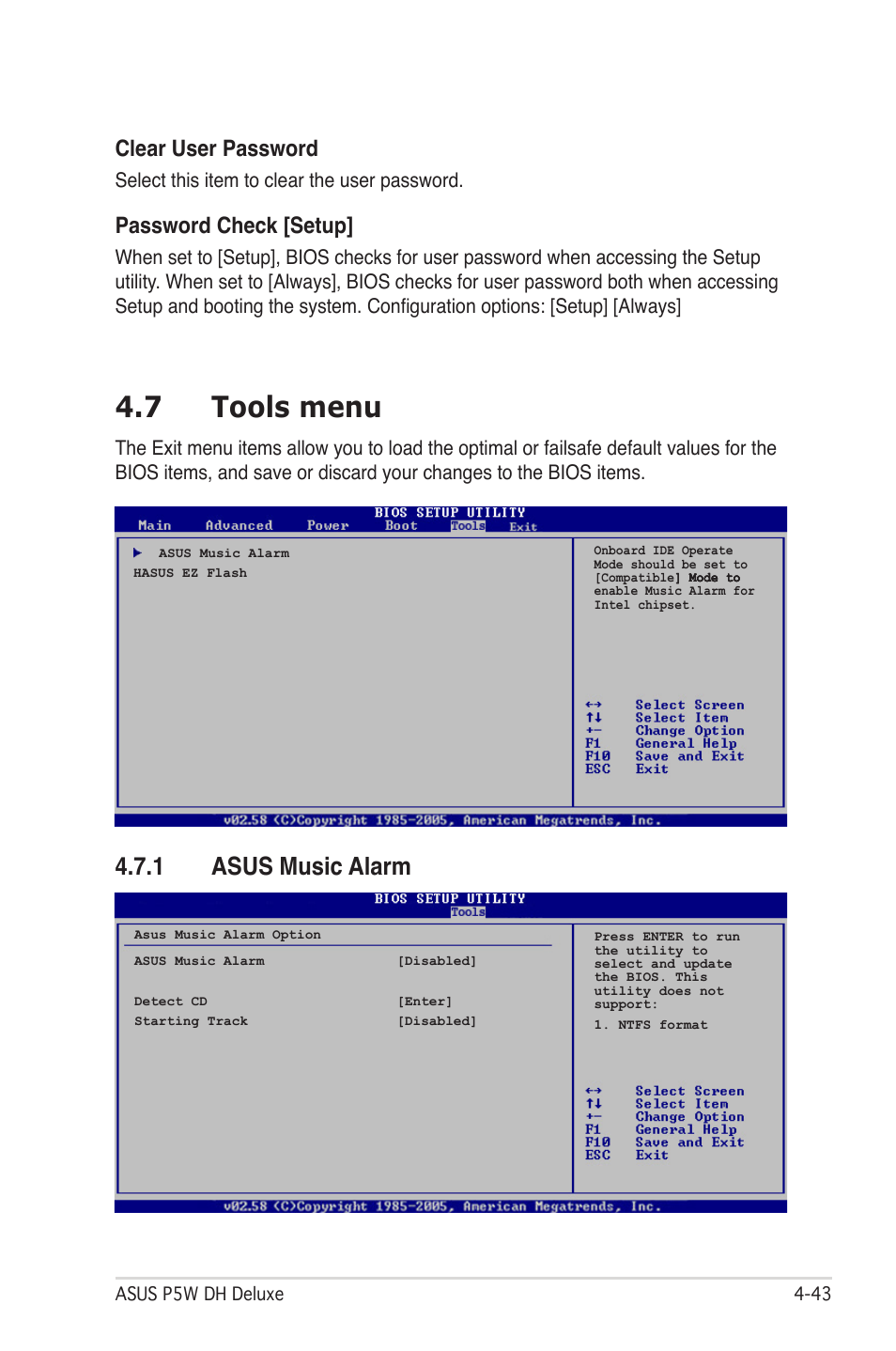 7 tools menu, 1 asus music alarm, Clear user password | Password check [setup | Asus P5W DH Deluxe User Manual | Page 121 / 212