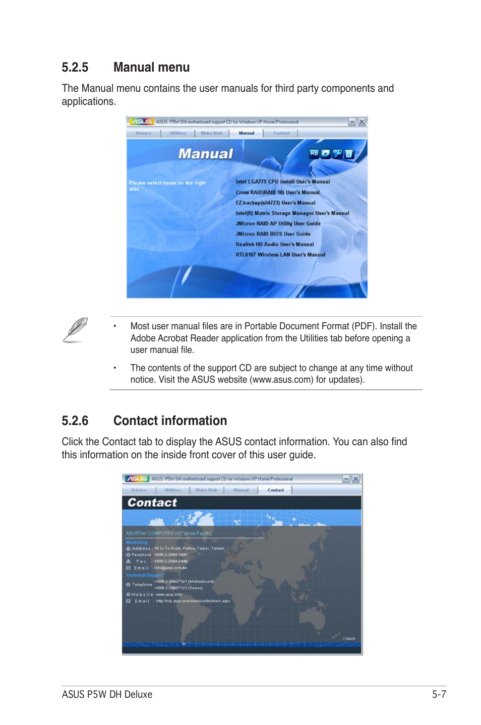 5 manual menu, 6 contact information | Asus P5W DH Deluxe User Manual | Page 133 / 212