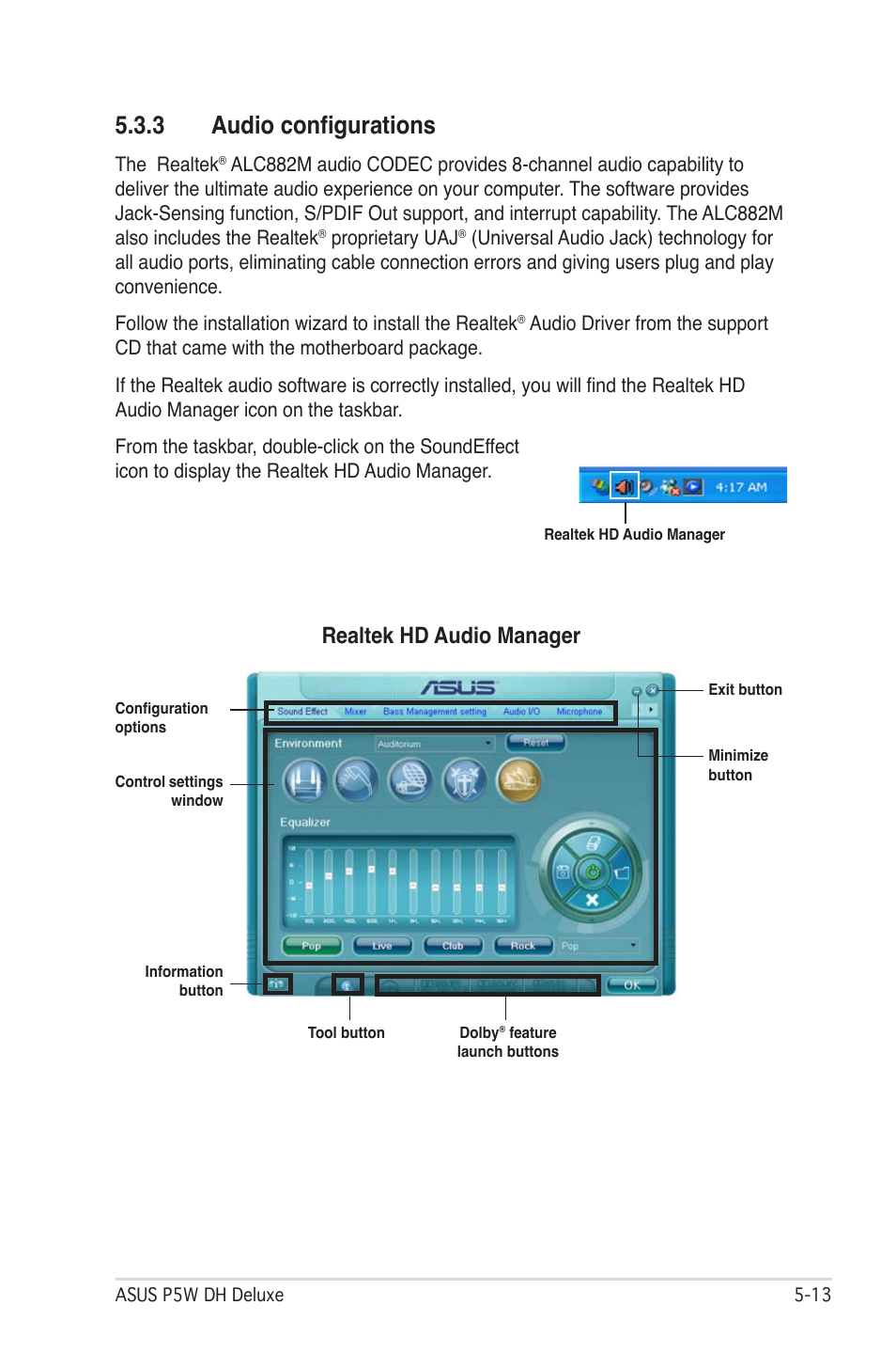 3 audio configurations, Realtek hd audio manager | Asus P5W DH Deluxe User Manual | Page 139 / 212