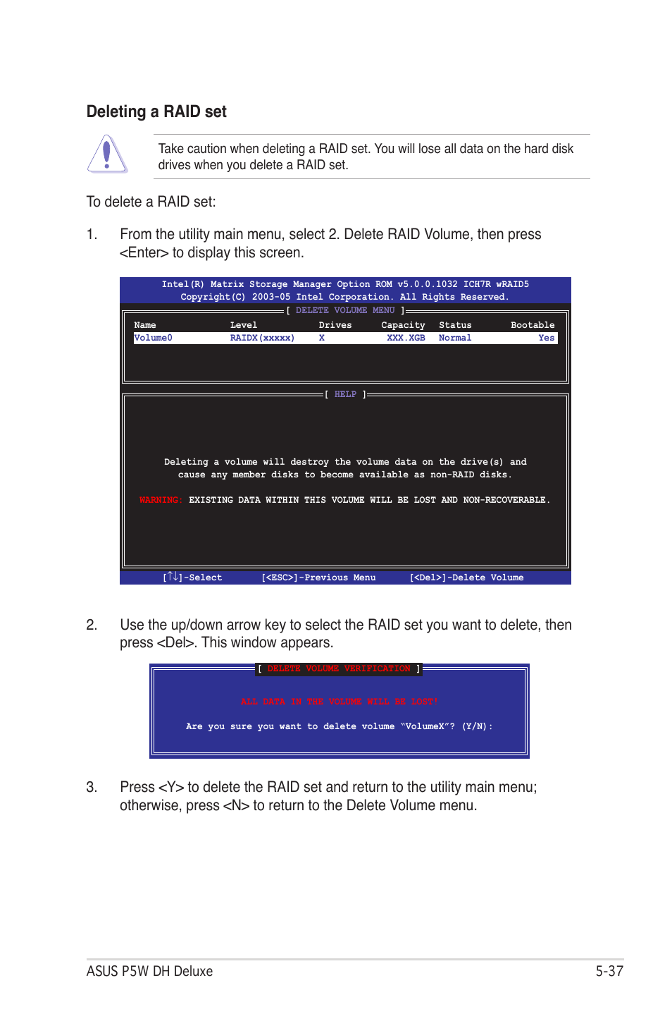 Deleting a raid set | Asus P5W DH Deluxe User Manual | Page 163 / 212