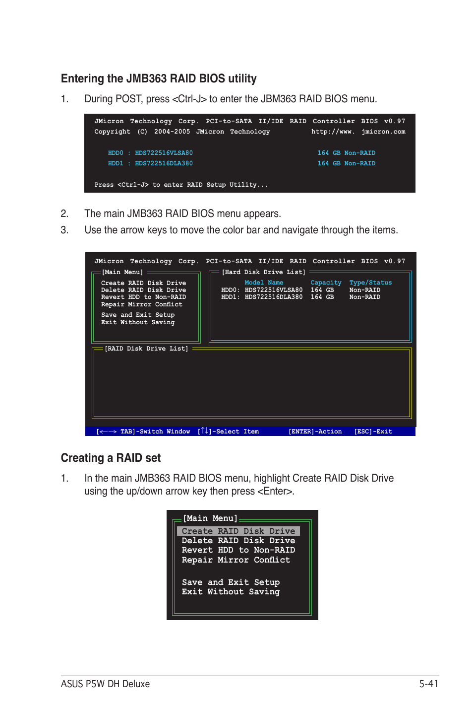 Entering the jmb363 raid bios utility, Creating a raid set | Asus P5W DH Deluxe User Manual | Page 167 / 212