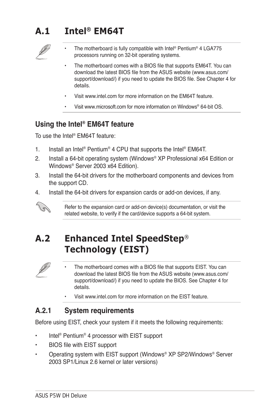 A.1 intel, Em64t, A.2 enhanced intel speedstep | Technology (eist), Using the intel, Em64t feature, A.2.1 system requirements | Asus P5W DH Deluxe User Manual | Page 209 / 212