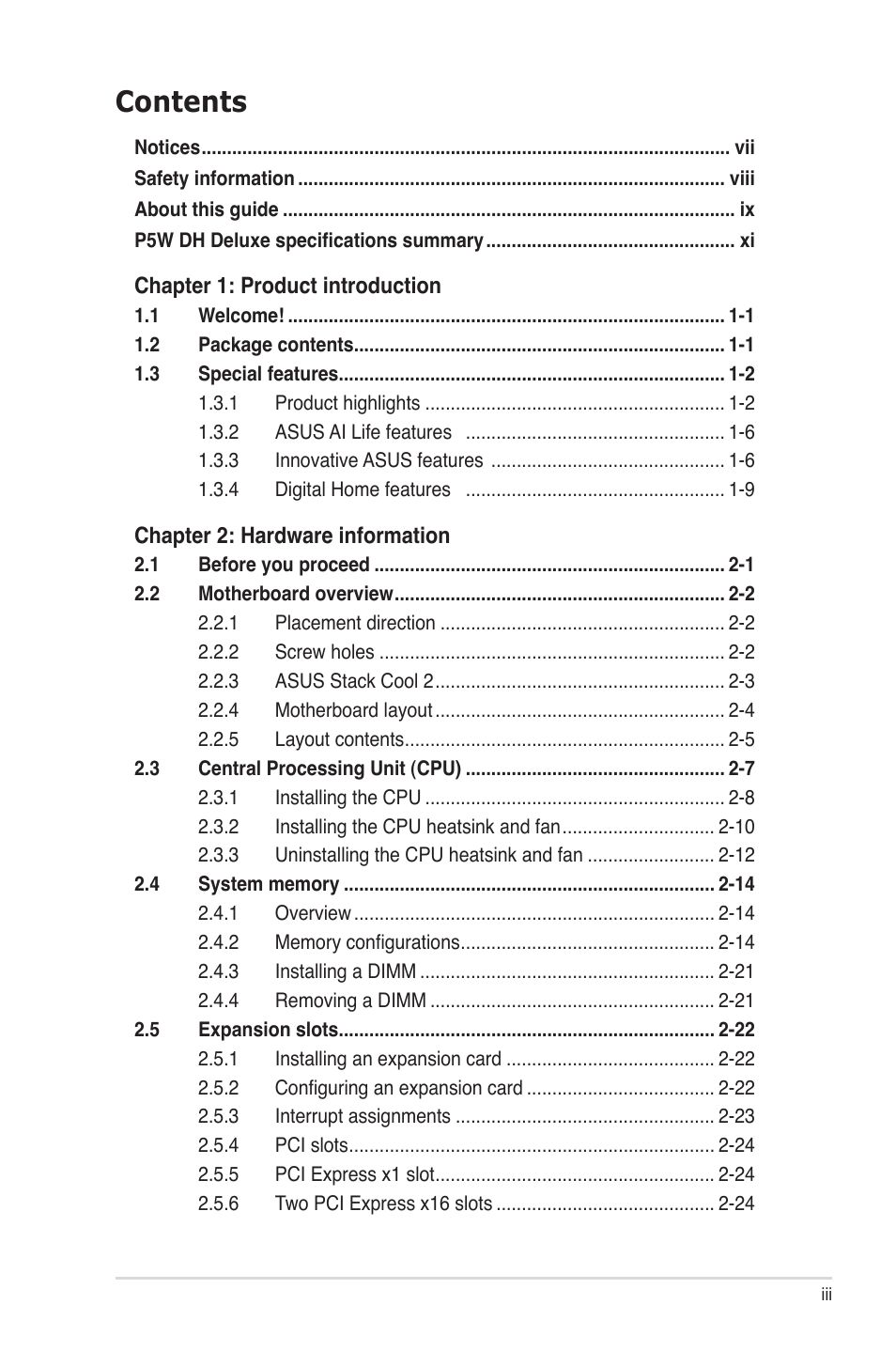 Asus P5W DH Deluxe User Manual | Page 3 / 212