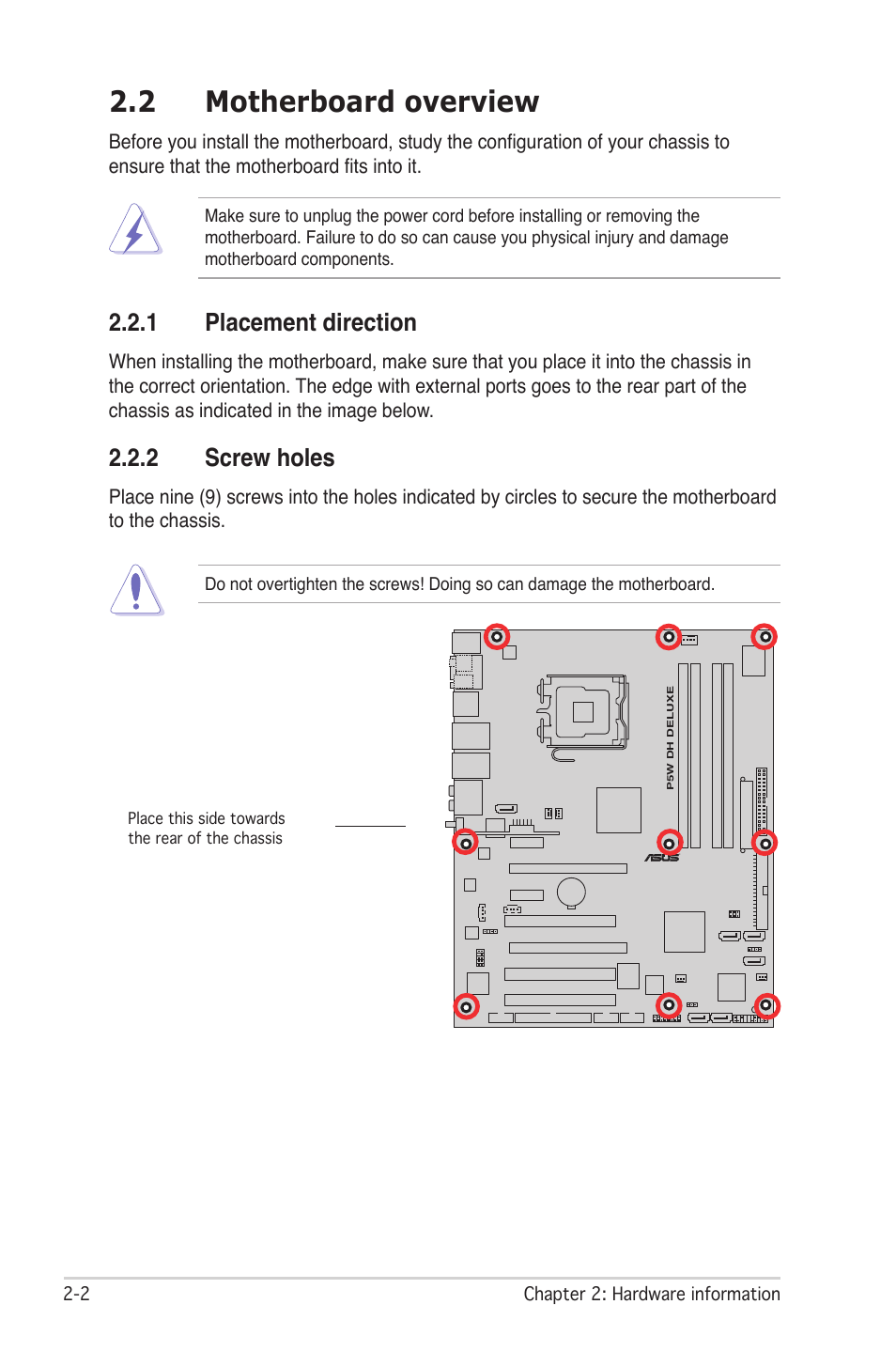 2 motherboard overview, 1 placement direction, 2 screw holes | Asus P5W DH Deluxe User Manual | Page 30 / 212