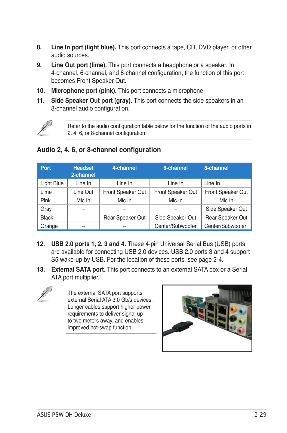 Audio 2, 4, 6, or 8-channel configuration | Asus P5W DH Deluxe User Manual | Page 57 / 212