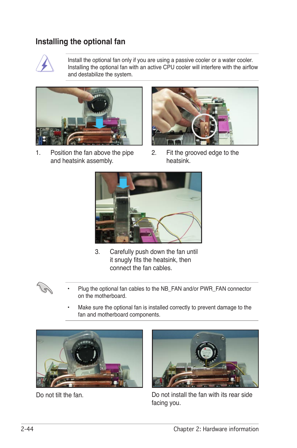 Installing the optional fan | Asus P5W DH Deluxe User Manual | Page 72 / 212