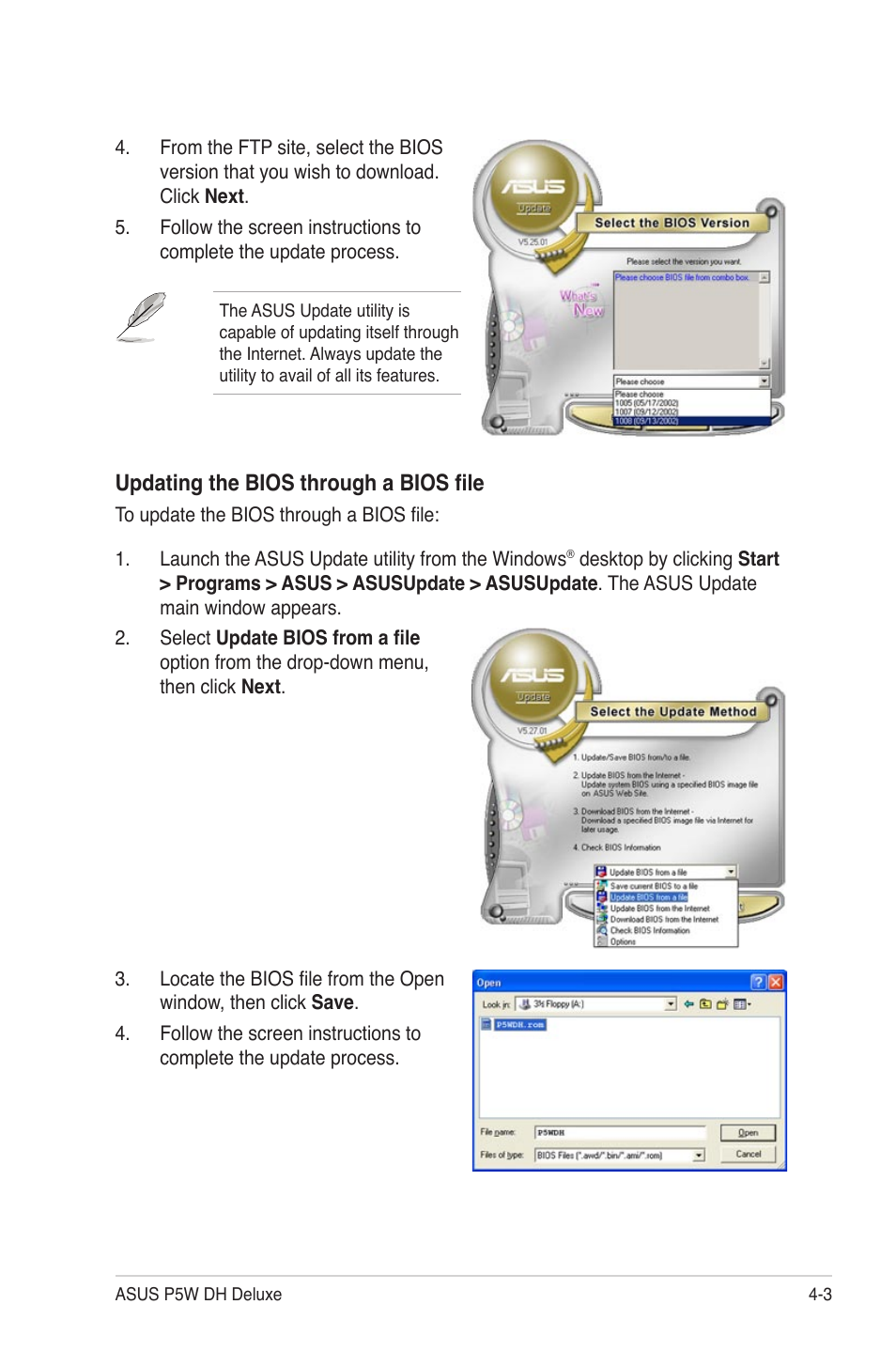 Updating the bios through a bios file | Asus P5W DH Deluxe User Manual | Page 81 / 212