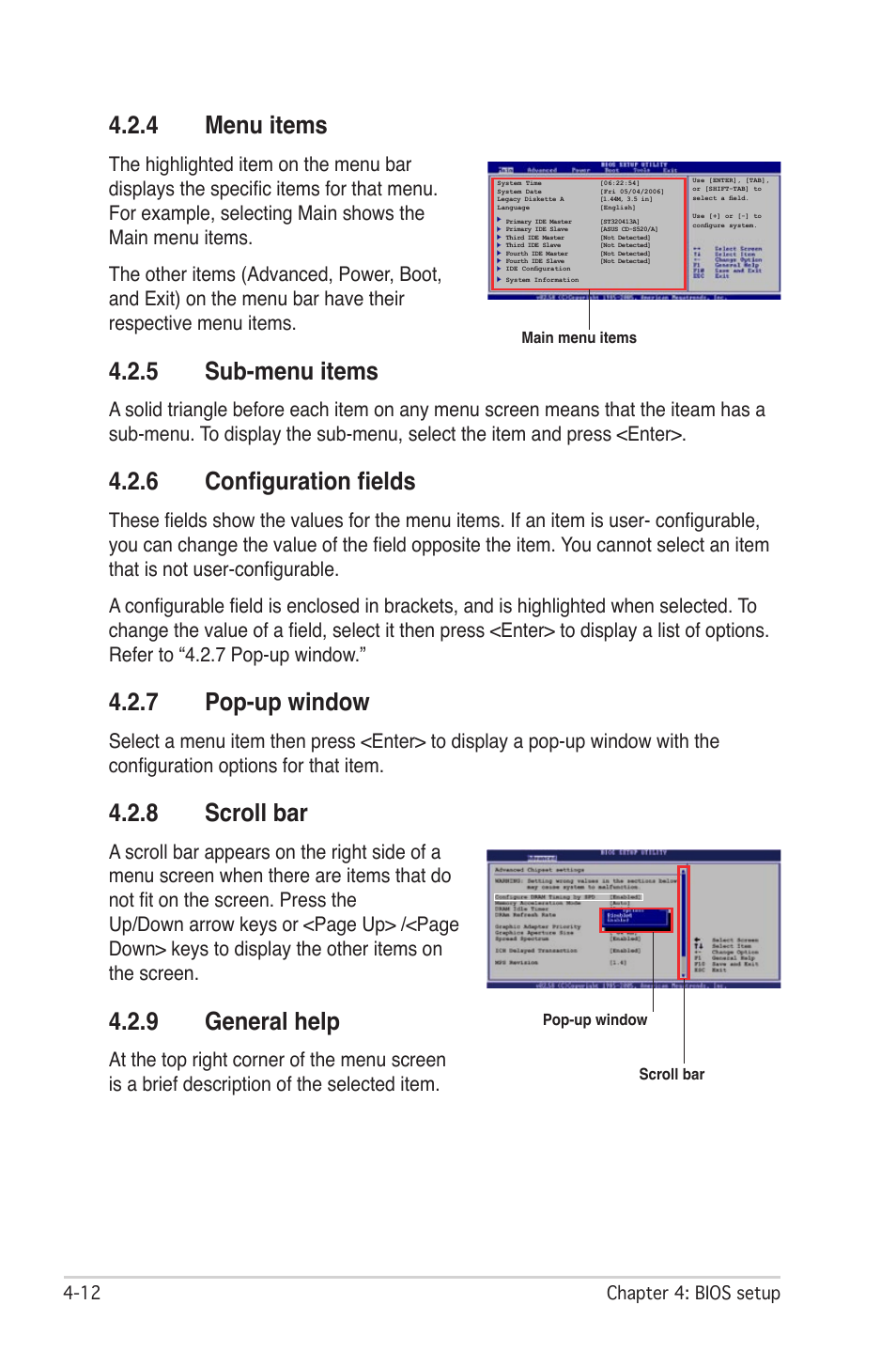 4 menu items, 5 sub-menu items, 6 configuration fields | 7 pop-up window, 8 scroll bar, 9 general help | Asus P5W DH Deluxe User Manual | Page 90 / 212